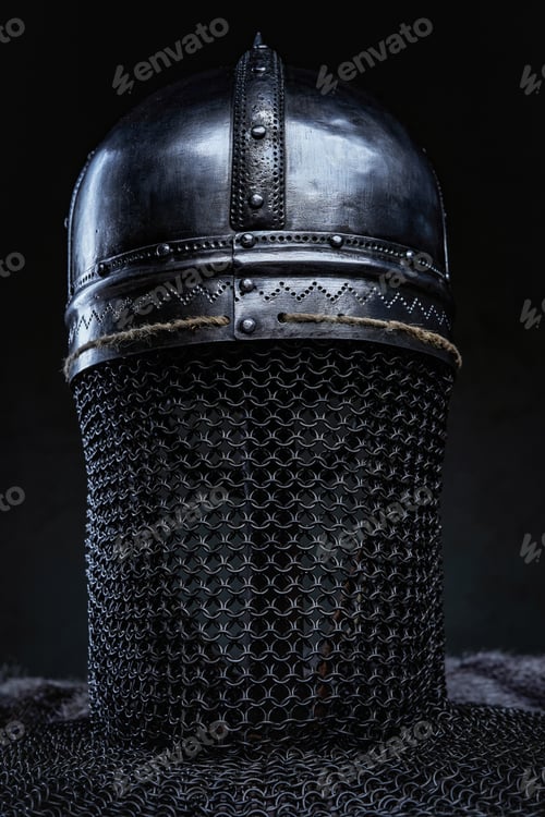 Preview: Back view studio shot of medieval iron helmet