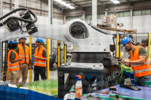 Preview: Engineers maintaining robotic arm in bottling factory