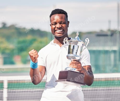 Preview: Celebration, tennis and black man with trophy on court after success, achievement and winning tourn