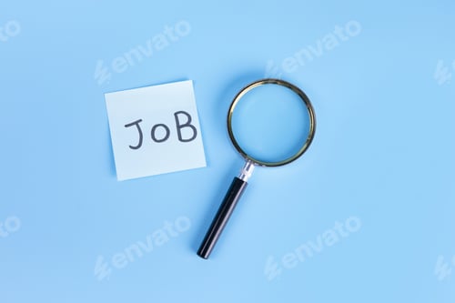 Preview: Conceptual picture with a magnifying glass and a text 'job' on a blue background