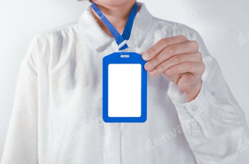 Preview: employee hand showing blank id card badge holder for mockup template logo branding background.