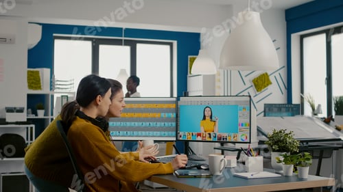 Preview: Two photographers advising for retouching client photo in creative agency