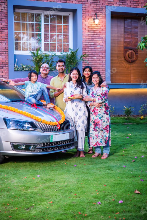 Preview: Indian asian family buys new car and standing for photograph wit