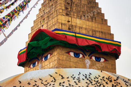 Preview: Boudhanath stupa in Kathmandu, Nepal decorated Buddha wisdom eyes and prayer flags