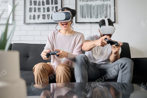 Preview: VR, gaming and metaverse with a couple playing video games in their home together for fun or enjoym