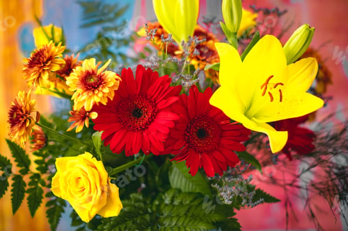 Preview: Valentine's Day Women's Day birthday holiday party. Close up cropped photo of bouquet of flowers