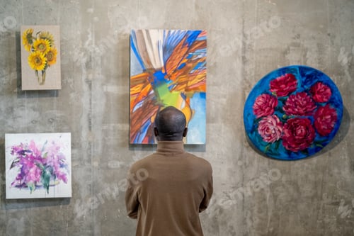 Preview: Back view of African male guest of art gallery standing in front of wall with expositions