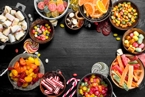 Preview: Different sweet candy, jelly and candied in a bowl.