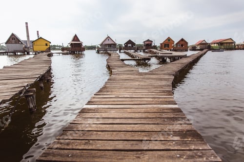 Preview: Wooden bridges on the Lake Bokod. Fishing wooden cottages, Hungary