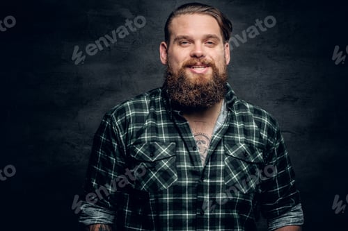 Preview: Smiling bearded male in a green plaid shirt.