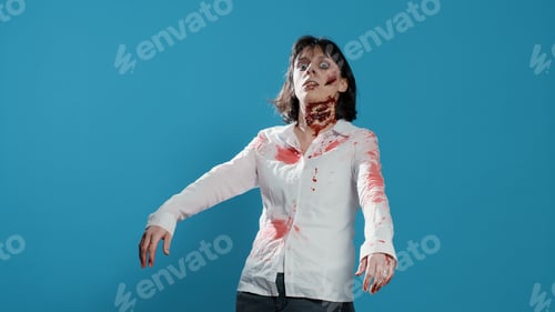 Preview: Creepy zombie woman acting bizarre and sinister while growling on blue background.