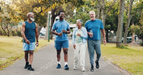 Preview: Group, people and walking for fitness outdoor of mobility training, discussion and morning routine.