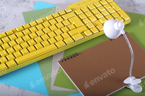 Preview: Paper Lamp Notebook And Keyboard Are On The Table