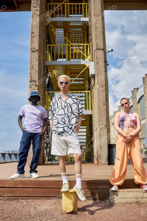 Preview: Three young people wearing street style clothing outdoors in urban setting