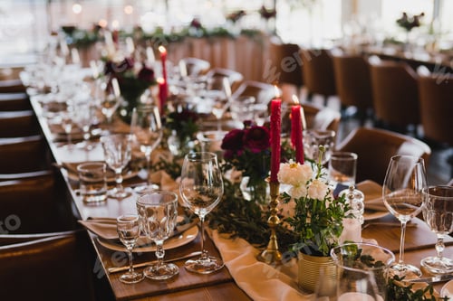 Preview: Coziness and style. Modern event design. Table setting at the wedding reception.
