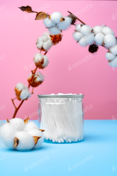 Preview: Cotton buds for cleaning ears on pink and blue background