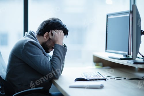 Preview: Depressed upset office worker having a headache problem