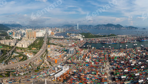 Preview: Top view of cargo terminal port in Hong Kong city