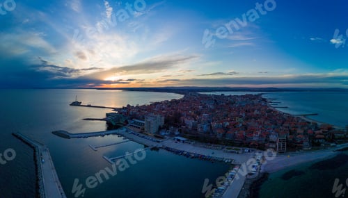 Preview: Panoramic view from a height above the town of Pomorie washed by the Black Sea in Bulgaria