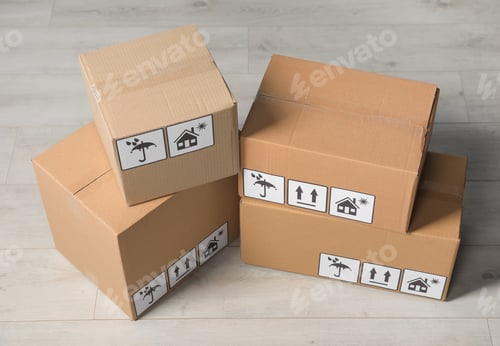 Preview: Many closed cardboard boxes with packaging symbols on wooden floor. Delivery service
