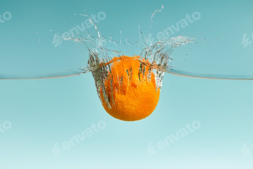 Preview: fresh orange falling in water with splash on blue background