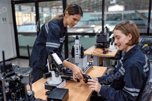 Preview: Girl engineer sitting in robot fabrication room quality checking electronic control board