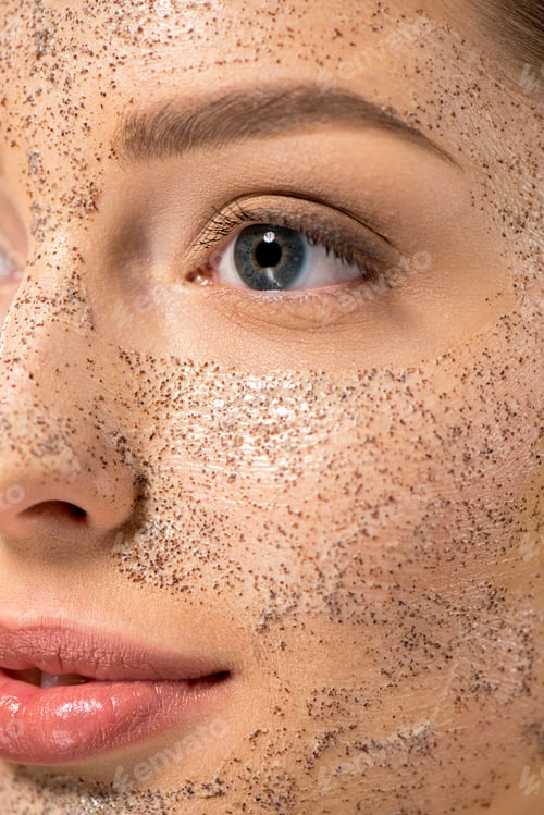 Preview: close up of attractive young woman with peeling mask, isolated on yellow