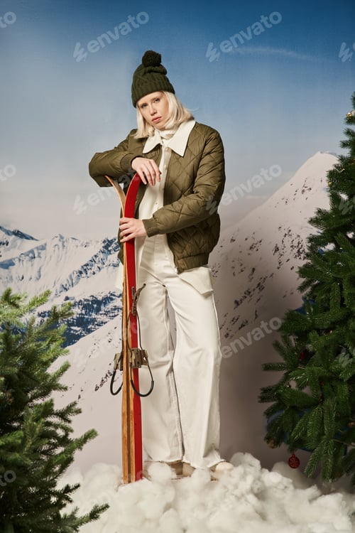 Preview: stylish beautiful woman in warm outfit with bobble hat holding skis among fir trees, winter concept