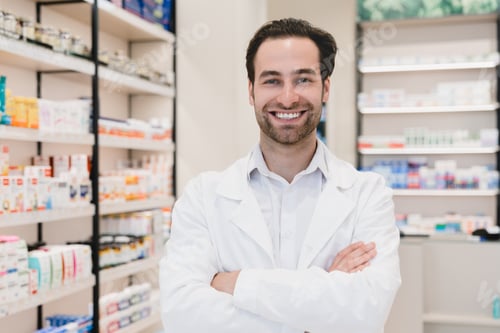 Preview: Druggist in medical coat standing with arms crossed at the cash point desk in pharmacy drugstore
