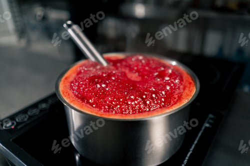 Preview: close-up in professional kitchen of boiling cherries in a pan on the stove