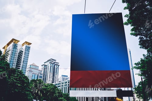 Preview: Blue banner with red stripe on city street