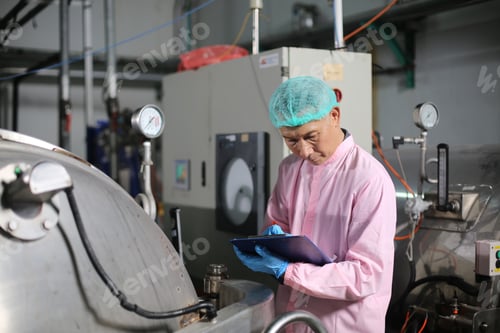 Preview: Factory worker examining a bottle in factory, technology industry business concept.
