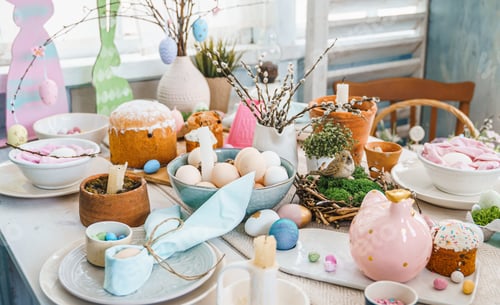Preview: Table decoration for Easter celebration in kitchen.Tablescape for Easter holiday at home.Family reli