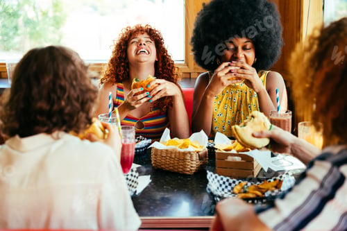 Preview: Multiethnic group of friends having meal at diner restaurant
