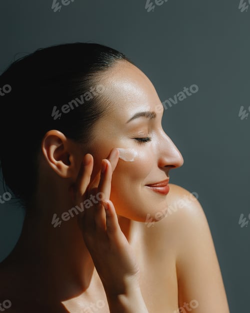 Preview: Happy elegant woman applies moisturizer to her face