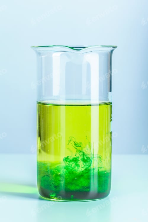Preview: Laboratory flask glassware with reflections on table close up