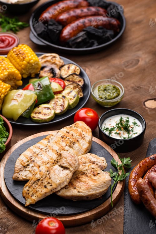 Preview: Grilled sausages, meat, and vegetables