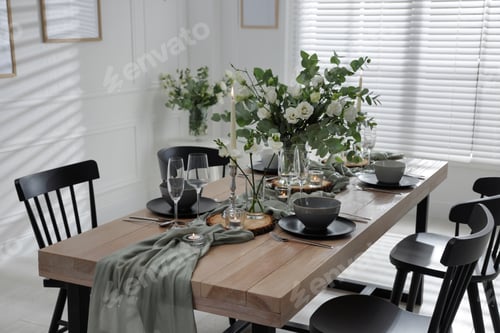 Preview: Festive table setting with beautiful tableware and decor indoors