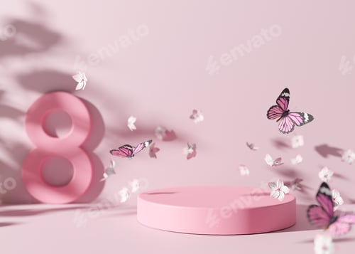 Preview: Pink podium with flying flowers and butterflies. Womans Day. Platform, stage for beauty, cosmetic