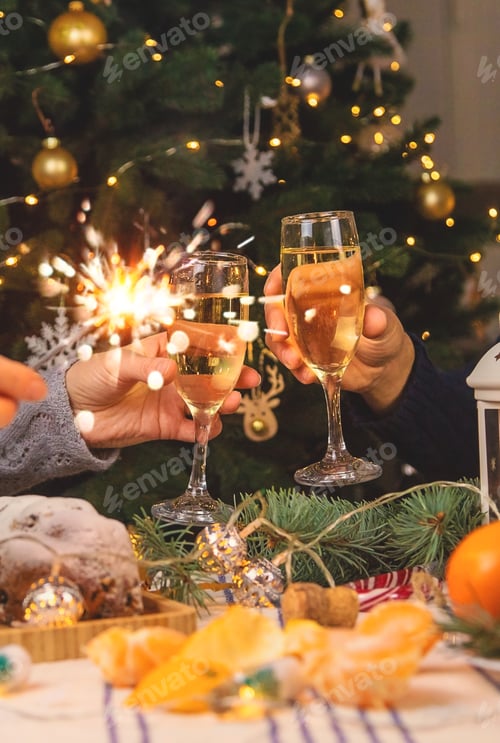 Preview: Champagne on the Christmas table. Selective focus.