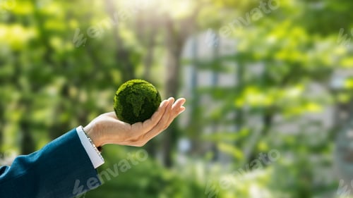 Preview: Environmental concept. Green globe in the hands of a businessman with icons. Green future goals