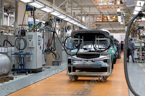Preview: Car bodies are on assembly line. Factory for production of cars. Modern automotive industry