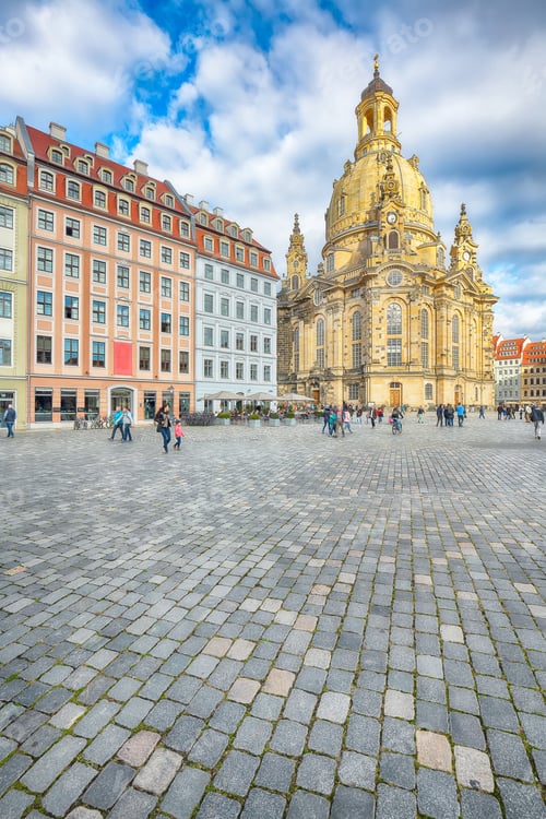 Preview: Breathtaking view of of Baroque church - Frauenkirche at Neumarkt square in downtown of Dresden.