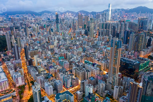Preview: Sham Shui Po, Hong Kong 06 August 2020: Top view of Hong Kong city at night
