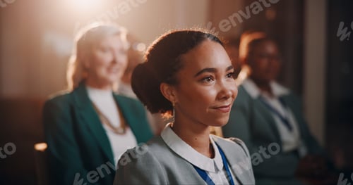 Preview: Woman, thinking and crowd in presentation for business, employee engagement or campaign information