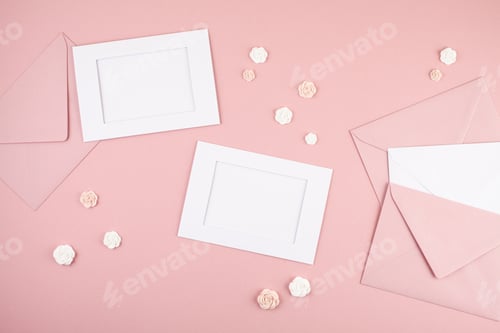 Pink Stationery Flat Lay with Frames and Envelopes