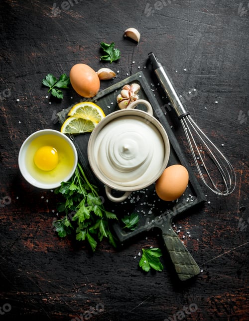 Preview: Mayonnaise with eggs, parsley and garlic cloves.