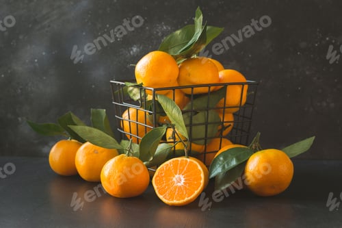 Preview: Fresh mandarins with leaves in modern bowl on black. Healthy eating concept. Copy space.