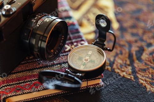 Preview: Retro photo camera and compass on book