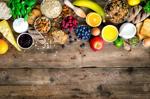 Preview: Healthy breakfast ingredients, food frame. Granola, egg, nuts, fruits, berries, toast, milk, yogurt